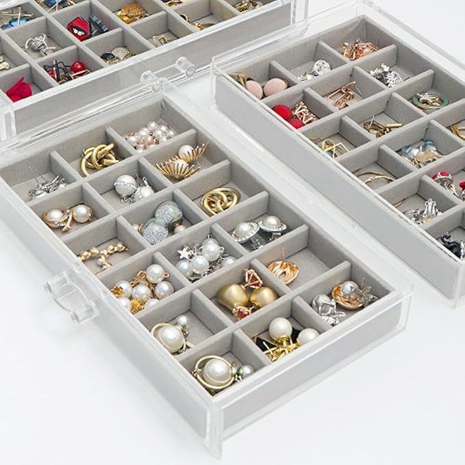 SPAKOWN Earring Organizer, Acrylic Jewelry Box with 5 Drawers, Clear Velvet Earring Storage Display Case with 90 Compartments for Women Girls (Grey)