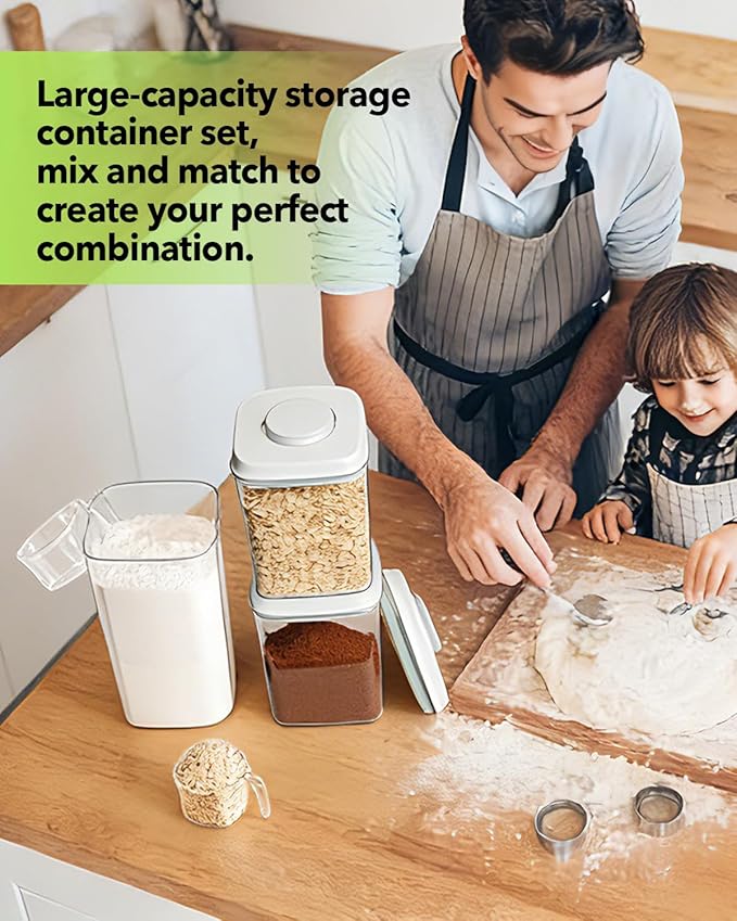 EQI Airtight Food Containers Set with One-Touch Lid, Mixed Size Set (2.8 QT / 2.65 L & 4.2 QT / 4.0 L) with Scoop, Stackable Jars for Complete Kitchen Organization.