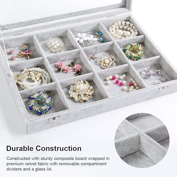 Jewelry Tray 12 Grid Velvet Jewelry Organizer with Clear Lid Transparent Earring Bracelet Organizer Holder Case with Clasp Drawer Insert for Rings Studs Gift for Women Girls (Grey)