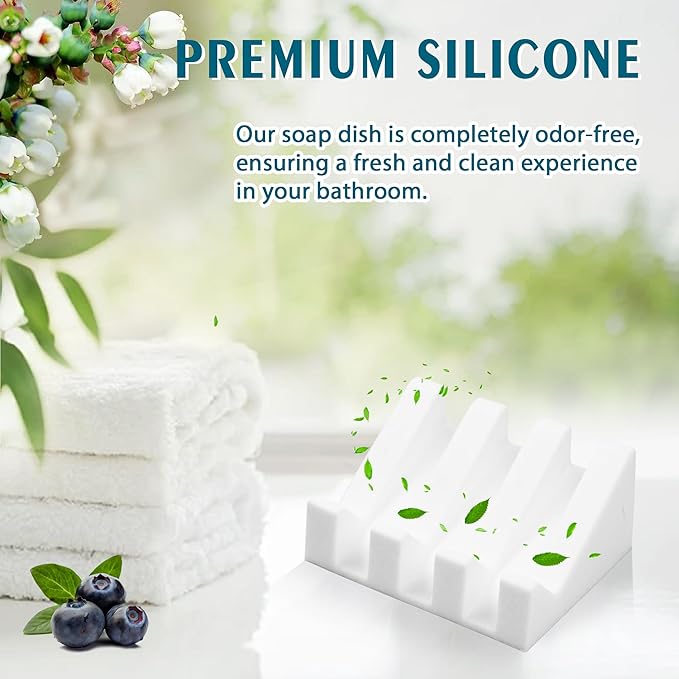 Silicone Soap Dish with Drain, Upgrade Double Suction Cups at The Bottom for Anti-Slip and Stability, Soap Dish Shower Waterfall Bar Soap Holder Tray with Drain Soap Holder (4, White)