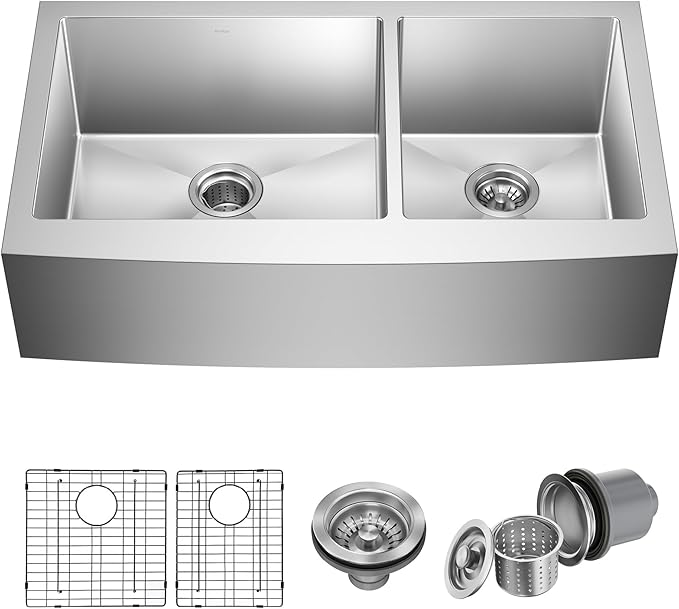 Kraus KHF203-36 Standart PRO Kitchen Stainless Steel Sink, 36 Inch Round Apron 60/40 Double Bowl