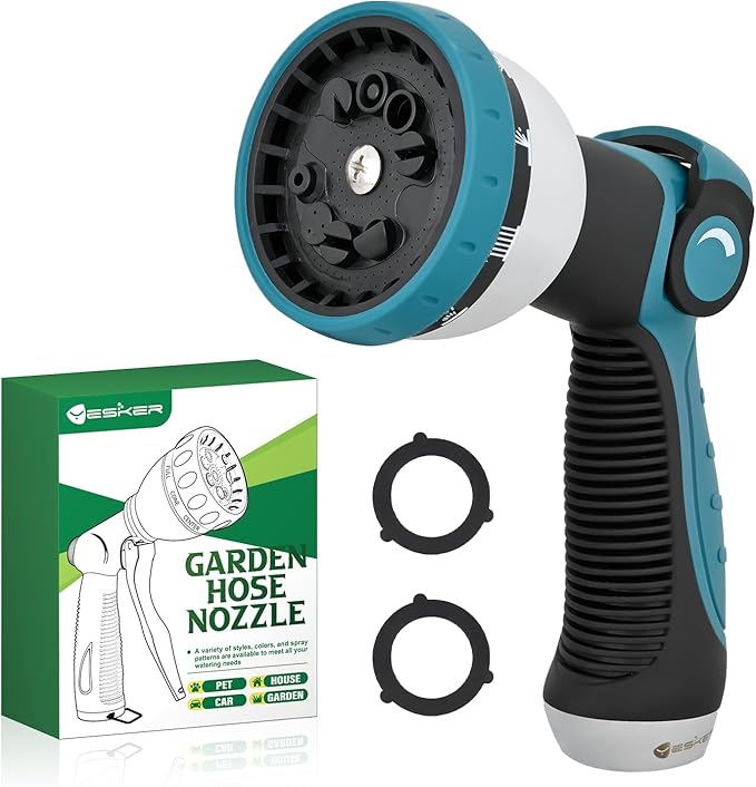 Yesker Garden Hose Nozzle Water Hose Sprayer Nozzle Adjustable 10 Spray Patterns Heavy Duty Metal Nozzles Thumb Control w Non-Slip Grip for Outdoor Watering Plants Lawn Washing Car Pets, Black & Blue