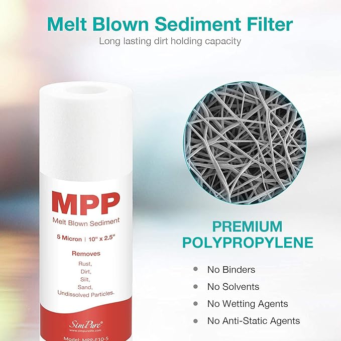 SimPure 5 Micron 10" x 2.5" Whole House Sediment Water Filter Cartridge Replacement for 10 inch RO Unit, Compatible GE FXUSC, Culligan P5, Aqua-Pure AP110, WFPFC5002, CFS110, WHKF-GD05, (Pack of 4)