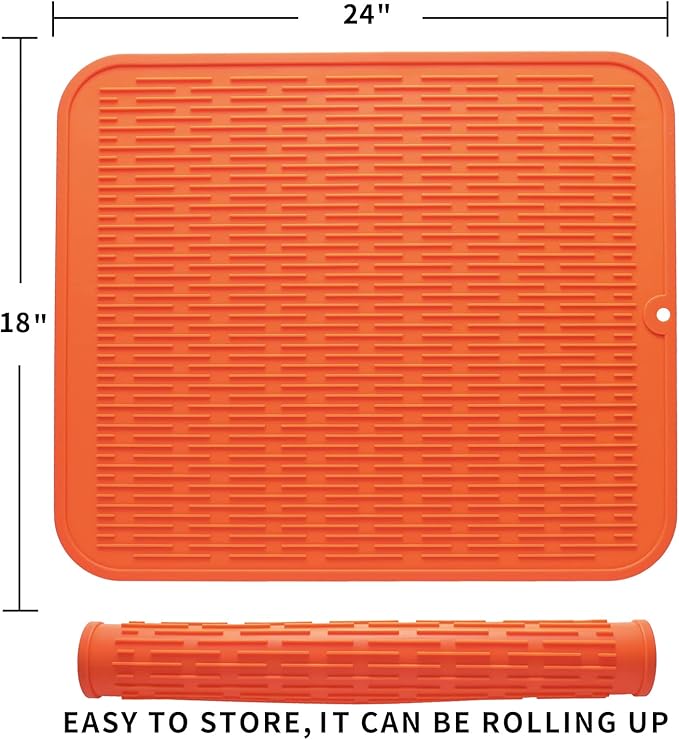 MicoYang Silicone Dish Drying Mat for Multiple Usage,Easy clean,Eco-friendly,Heat-resistant Silicone Mat for Kitchen Counter or Sink,Refrigerator or Drawer Liner Orange 2XL 24 inches x 18 inches