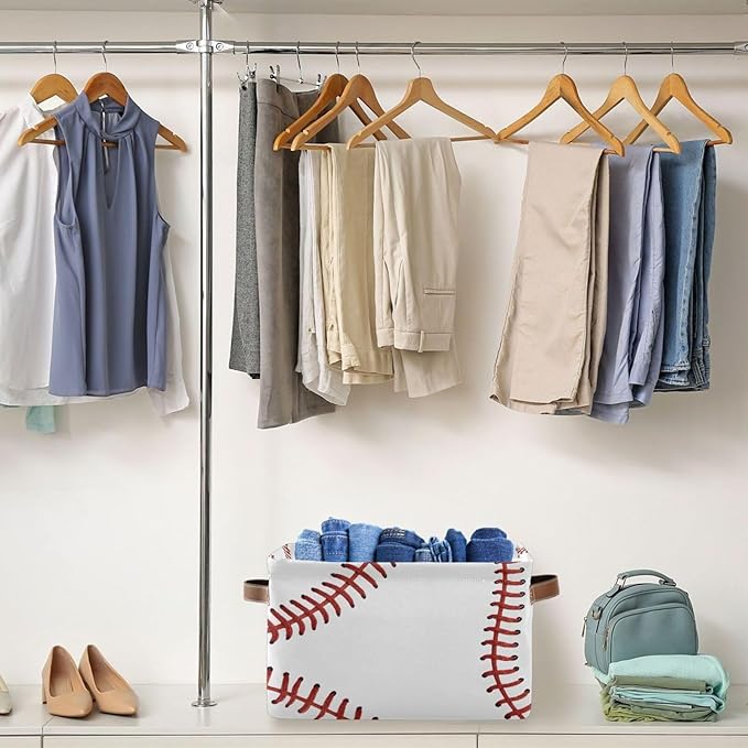 ALAZA White Baseball Softball White Foldable Storage Box Storage Basket Organizer Bins with Handles for Shelf Closet Living Room Bedroom Home Office 1 Pack