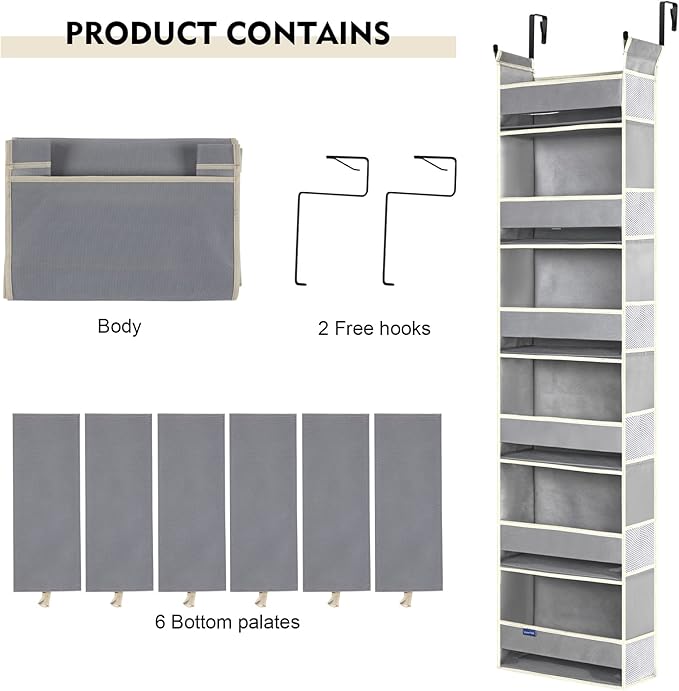 roomtalk Over The Door Organizer 6-Shelves and 12 Side Pockets, Over The Door Storage for Bathroom Bedroom Nursery, Hanging Door Organizers for Baby Diapers and Kids Toys (13"x5"x54", Grey)