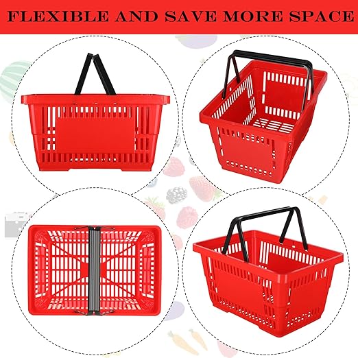 12 Pcs Shopping Baskets 20 L Plastic Store Retail Baskets with Handles 16.9 * 11.8 * 9.1 Inches for Market Grocery Supplies Thrift Convenience Storage(Red)