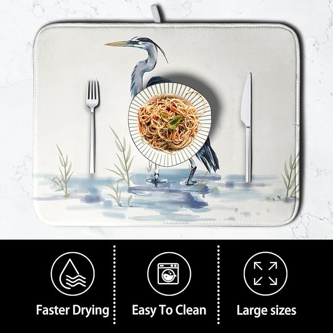Kwlegh Summer Dish Drying Mat Blue White Heron Beach Absorbent Microfiber Drying Mats for Kitchen Counter Coastal Nautical Birds Dishes Drainer Mat Extra Large 18x24 Inch