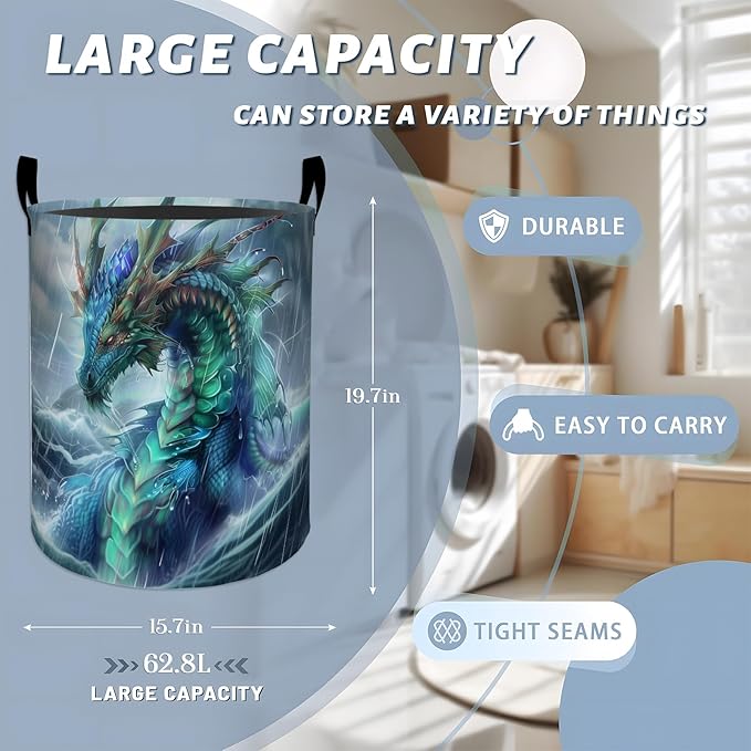 Fierce Dragon in Stormy Waves Laundry Basket with Handles, 19.7"x15.7" Clothes Foldable Laundry Hamper Organizer for Dorm Nursery Bedroom Bathroom Decor, Toy Storage Bin for Kids