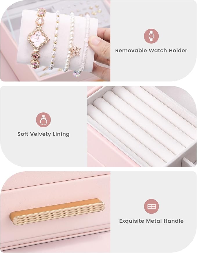 Lolalet 2-Layer Jewelry Boxes Organizer for Women Girls, Jewelry Storage Case Holder with Drawers for Necklaces Rings Earrings Bracelets Watches, Gifts Choice for Girlfriend Wife -Pink