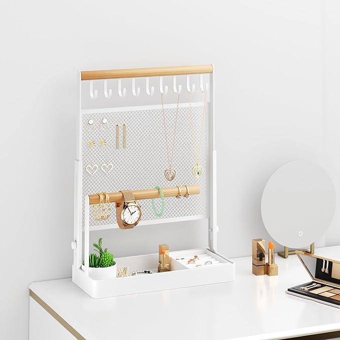 IOAIANIA Jewelry Organizer Stand with Velvet Ring Holder, Liftable Necklace Holder with Earring Organizer Net, 9 Hooks Necklaces Storage Wooden Handing Bar for Bracelets Watches Rings (White)