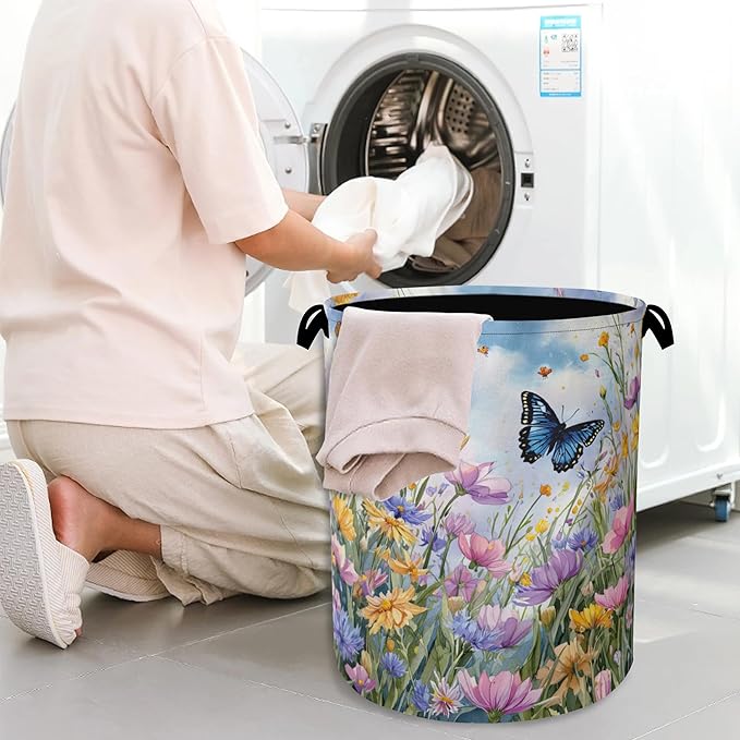 Wildflowers Butterfly Laundry Basket,Floral Garden Oxford Cloth Laundry Hamper with Handle Foldable Portable Clothes Storage Basket for Bathroom Bedroom Dorm Room 16" x 20.8"