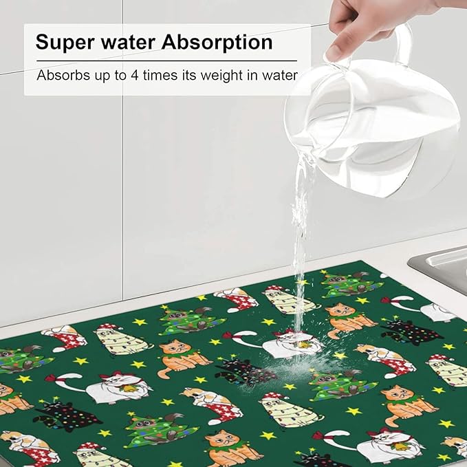 Cute Christmas Cat Dish Drying Mat 18 x 24 Inch for Kitchen Counter Cute Kitchen Mat Microfiber Kitchen Countertop Absorbent Reversible Drainer Rack Pad Dish Drying Mat