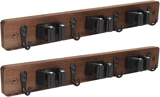 2Pcs Broom Holder, 15.7 X 2.2in Wall Mounted Mop and Broom Hanger, Garage Storage Rack with 3 Positions and 4 Hooks for Bathroom Laundry Room