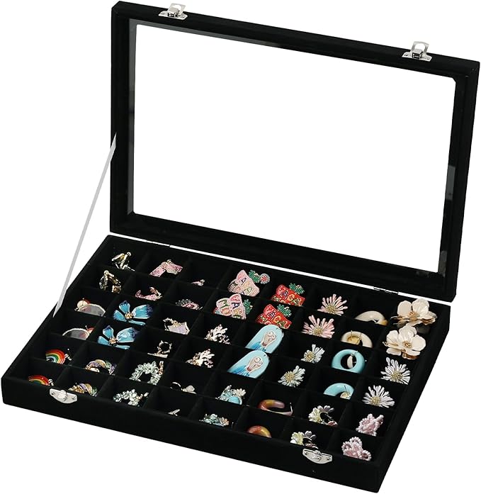 Frebeauty 48 Grid Jewelry Tray,Adjustable Earring Holder Organizer with Glass Lid,Velvet Drawer Jewelry Organizer for Rings,Studs,13.8 x 9.5 x 2 Inches Jewelry Display Box,Gift for Women(Black)