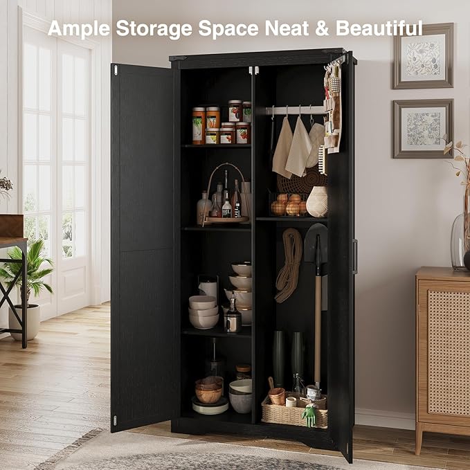 Set of 2 Black Farmhouse Storage Cabinet with Adjustable Shelves, Large Pantry Organize with 2 Barn Doors, Tall Freestanding Cabinet for Kitchen, Bathroom, Garage, Basement, Living, Utility Room