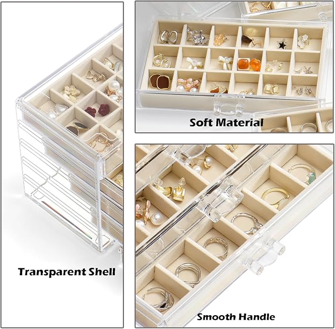 Jewelry Organizer with 5 Drawers Clear Acrylic Earring Display Case Velvet Jewelry Storage Box Display Holder for Earring Ring Bracelet Necklace (Beige, 90 Grids)