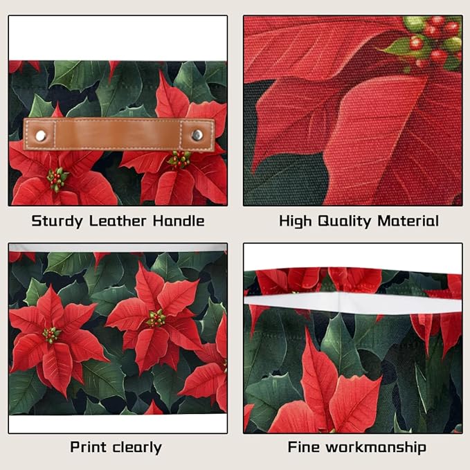Storage Baskets Bin, Christmas Winter Poinsettia Collapsible Canvas Fabric Storage Bin Decorative Baskets Toy Organizer Rectangle Storage Boxes with Handles for Home Shelves Nursery, J-006