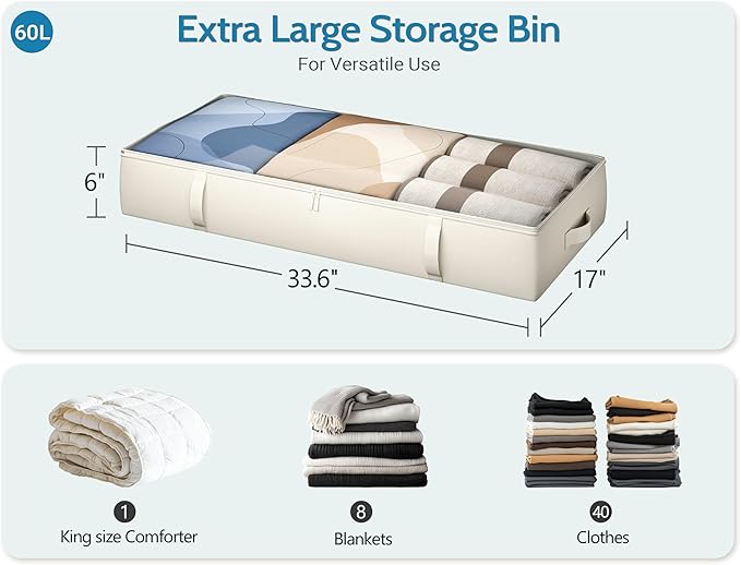 TidyCorner 2-Pack Under Bed Storage, 6 Inches Tall Closet Organizers and Storage Bins with Sturdy Sidewalls/Bottom/4 Handles, Beige