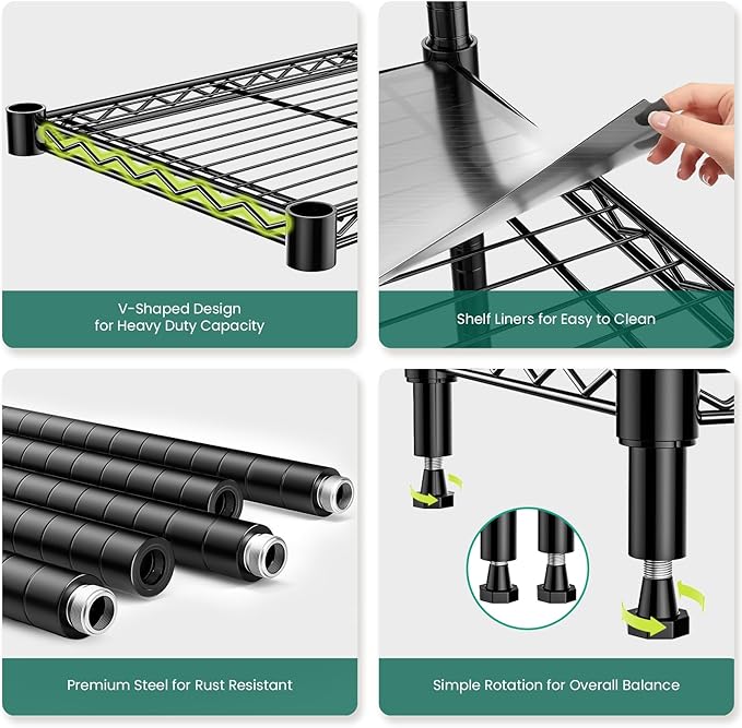 RackBro 5-Tier Storage Shelves 72" H Wire Shelving, Adjustable Metal Shelving Pantry Shelves, 1325LBS Heavy Duty Rack with Shelf Liners for Garage Commercial Kitchen, 36" W x 14" D x 72" H, Black