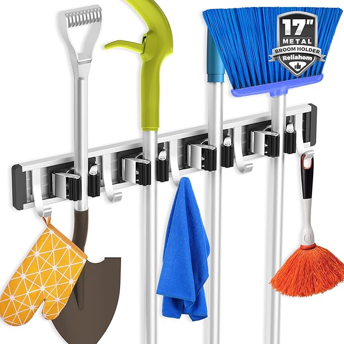 reliahom Broom Holder Wall Mount Mop and Broom Hanger Wall Mounted Garage Storage Rack Kitchen Garden Tool Organizer (4 Racks with 5 Hooks, Black)