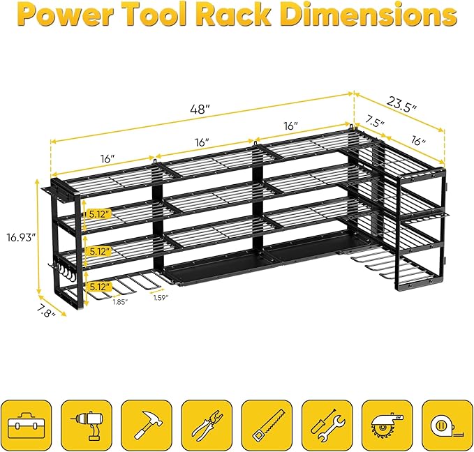 POKIPO Extra Large 64" W Power Tool Organizer Wall Mount, Load 1000 lbs, Heavy Duty 4 Tier Garage Storage Rack with 8 Drill Holders, 2 in 1 Corner or Straight Installation, Gift for Men