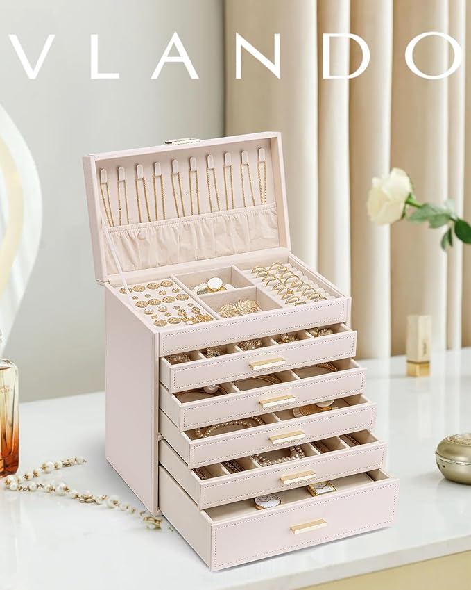 Vlando Jewelry Box Organizer,Large Jewelry Storage for 5 Drawn,PU Leather Jewelry Boxes for Women,Earring Necklace Rings Watch Display Boxes,Wedding Birthday Gift Apricot White