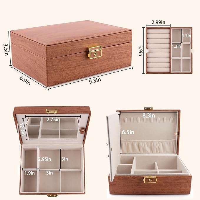 Homeanda Jewelry Box with Mirror Travel Jewelry Organizer 2 Layer Large Jewelry Storage Case Waterproof PU Leather Storage for Women Girls (Brown)