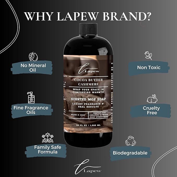 Lapew Cocoa Butter Cashmere Scented Mop Soap Concentrate 36 oz | Premium Fragranced Floor Cleaner | Streak-Free | Hard Floor Cleaning Solution | Eco Friendly | Made in USA