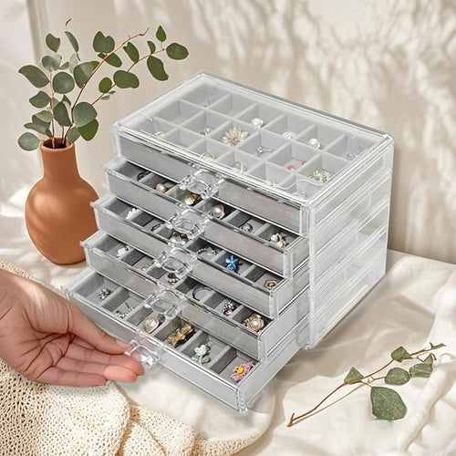 Acrylic Earring Holder Organizer with 5 Drawers Clear Earring Organizer Box with 90 Adjustable Grids Velvet Earring Display Case Jewelry Organizer for Earrings Rings Studs (Grey)