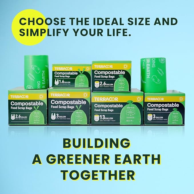 TERRACOR 3 Gallon Compostable Trash Bags, Compost Bags for Countertop Bin, 200 Count (Pack of 2) BPI Certified and Meet The ASTM D6400 Standard