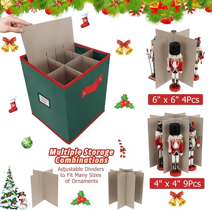 Christmas Nutcracker and Figurine Storage Box, Keeps 9 16" Tall Holiday Nutcrackers, Figurines, and More -Xmas Decor Collectible Organizer with Adjustable Dividers, 600D Oxford Fabric Tear-Proof