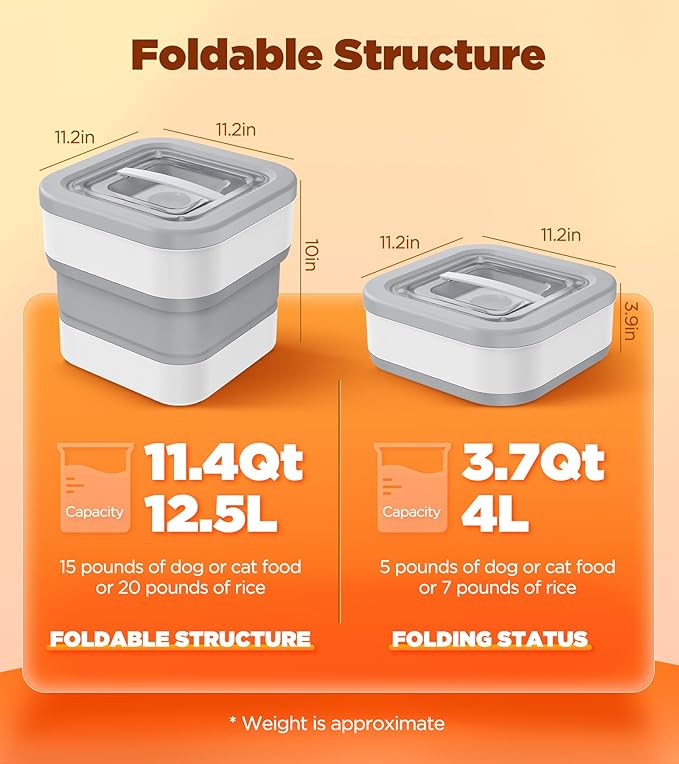 InnOrca Collapsible Dog Food Storage Container, 10-14 Lbs Capacity Cat Pet Food Container with Magnetic Lid & Measuring Cup, Multi Purpose Storage Container For Dry Food, Cereal