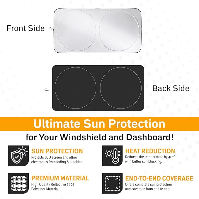 Foldable Windshield Sun Shade for Car – 280T Reflective UV and Heat Shield with Storage Bag | Keeps Interior Cool | Universal Fit for Sedans, SUVs, and Trucks – Standard (64" x 32")