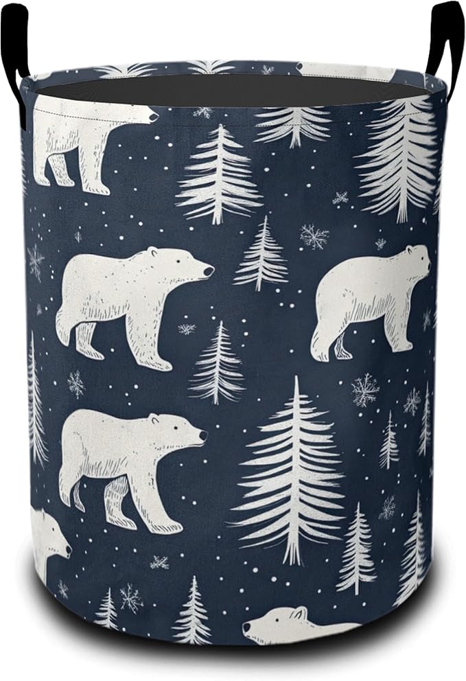 Cartoon White Bear Laundry Basket,Tree Large Canvas Fabric Lightweight Storage Hamper Organizer Dirty Clothes Collapsible Waterproof for College Dorms,Bathroom
