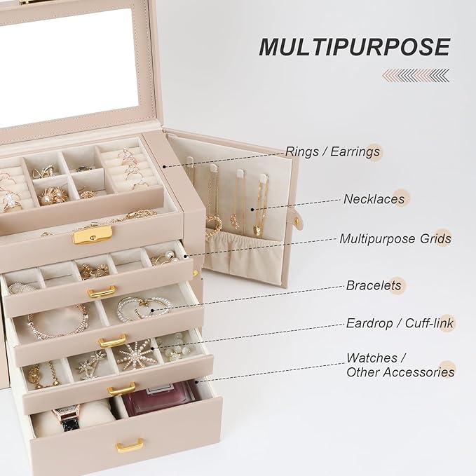Jewelry Box, Women's Jewelry Organizer with Mirror, 5 Layers & 4 Drawers, Apricot