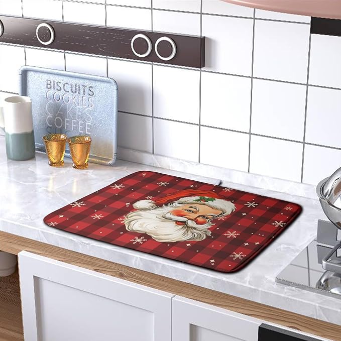 Kwlegh Santa Claus Christmas Dish Drying Mat Xmas Red and Black Buffalo Plaid Snowflake Drying Mats Winter Holiday Dishes Drying Pad Microfiber Absorbent Dish Drainer Rack Mat 16x18 Inch