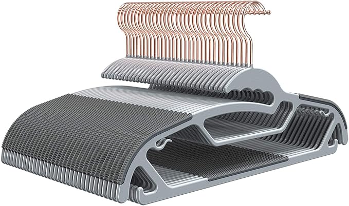 FSUTEG 50-Pack Slim S-Shaped Plastic Hangers with Non-Slip Grips – Space-Saving Gray Hangers for Delicate Necklines, Fits Shirts, Dresses & Coats in Closet/Dorm Organizers