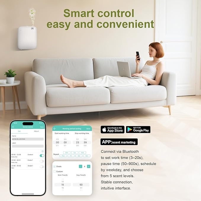 Waterless Diffuser,Wireless Essential Oil Battery Operated,2000 Sq Ft,Safety Lock,Quiet,Bluetooth App,Hotel Home Collection Scent Machine - Cloud White