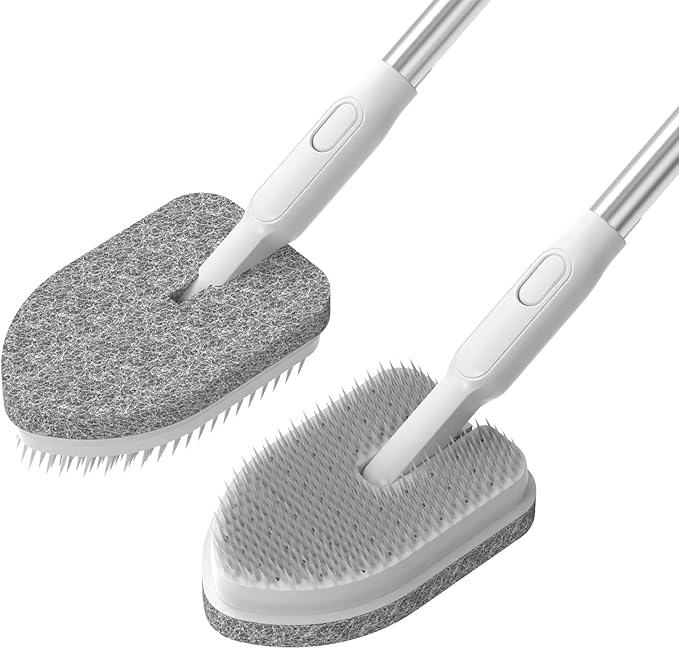 EHOMGUI Tub Scrubber Cleaning Brush, Non-Scratch Shower Scrubber with Long Handle, 6 Replaceable Natural Fiber Pads & A Double-Sided Head, Scrub Brush for Cleaning Bathroom Kitchen Wall Sink