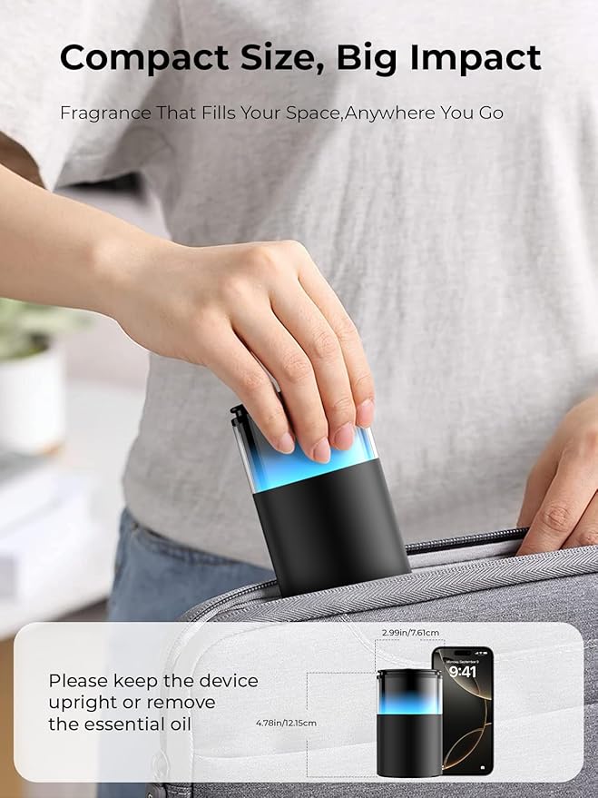 Waterless Diffuser for Essential Oil: Mini Battery Scent Diffuser for Room&Home&Car with 9 Colors LED Light - Aroma Cool Mist Machine Dark Black