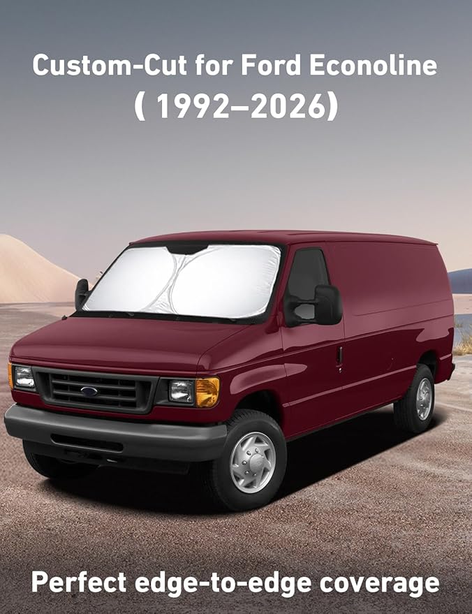 Econour Windshield Sun Shade for Ford Econoline 1992–2026, Car Windshield Sun Shade & Window Cover, Reflective UV & Heat Blocker, Foldable Sun Visor for Front Windshield