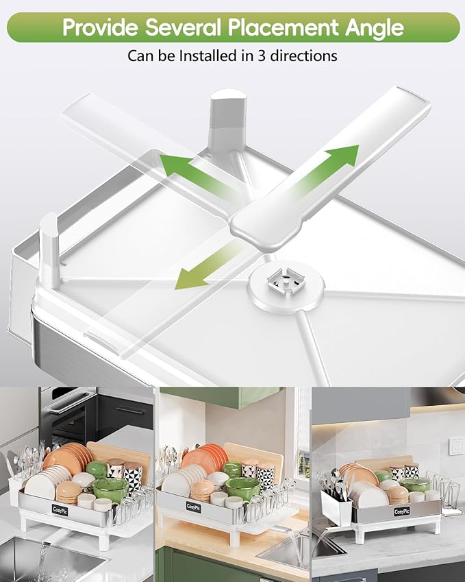 CosyPic Dish Racks, Thicker Premium 304 Stainless Steel Dish Drying Rack for Kitchen Counter, Automatic Drainage Spout, Dish Drainer & Drainboard Set with Utensil Holder and Cup Holder, White