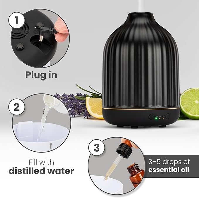 MALMØ Ceramic Diffuser (250ml) - Essential Oil Diffuser Black - Aromatherapy Diffuser - Non Toxic Oil Diffuser for Home