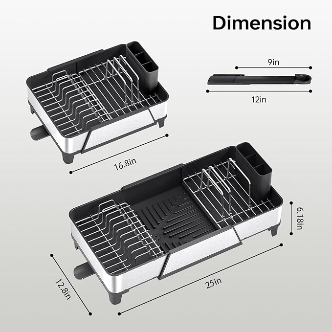 Urackify Large Dish Drying Rack - Triple Expandable Dish Rack for Kitchen Counter, Stainless Steel Sink Organization and Storage Essentials with Utensil & Pans Holder for Home and Appartment, Black