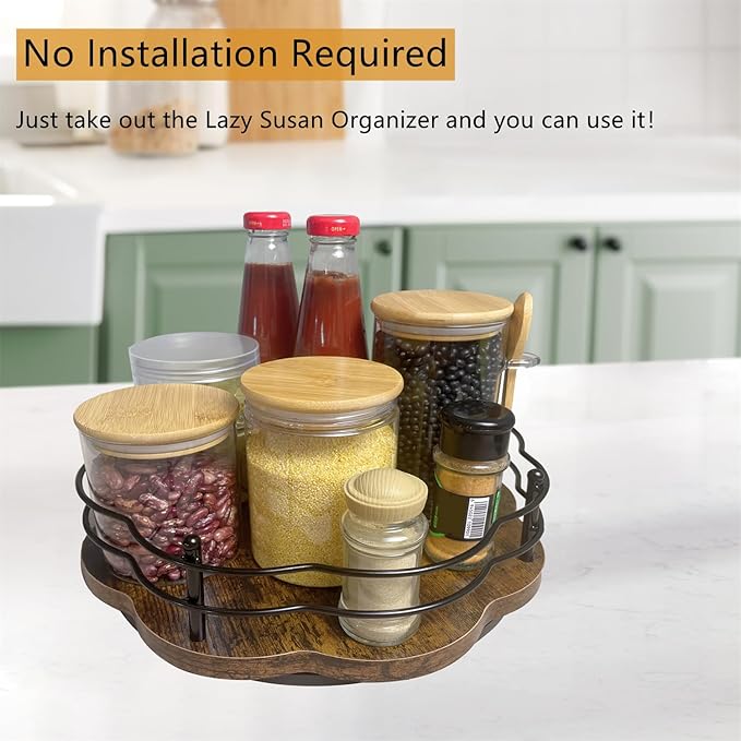 BaiWinlar 12" Lazy Susan Turntable Organizer with Higher Metal Sides, Wooden Lazy Susan Spice Rack Organization and Storage for Cabinet,Kitchen,Countertop,Table Top,Dining Table,Coffee Bar Decor