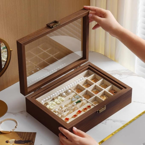 2-Layer Glass Lid Walnut Jewelry Box for Women, Vintage Style Solid Wood Jewelry Organizer and Display Case, Ideal Gift for Rings, Earrings, Necklaces & Bracelets
