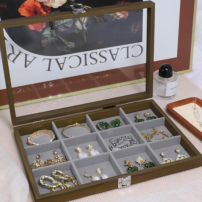 Stratalife Bracelet Organizer Wood Jewelry Box Vintage Jewelry Organizer Bangle Storage Tray with Clear Lid for Drawers Women 12 Grid