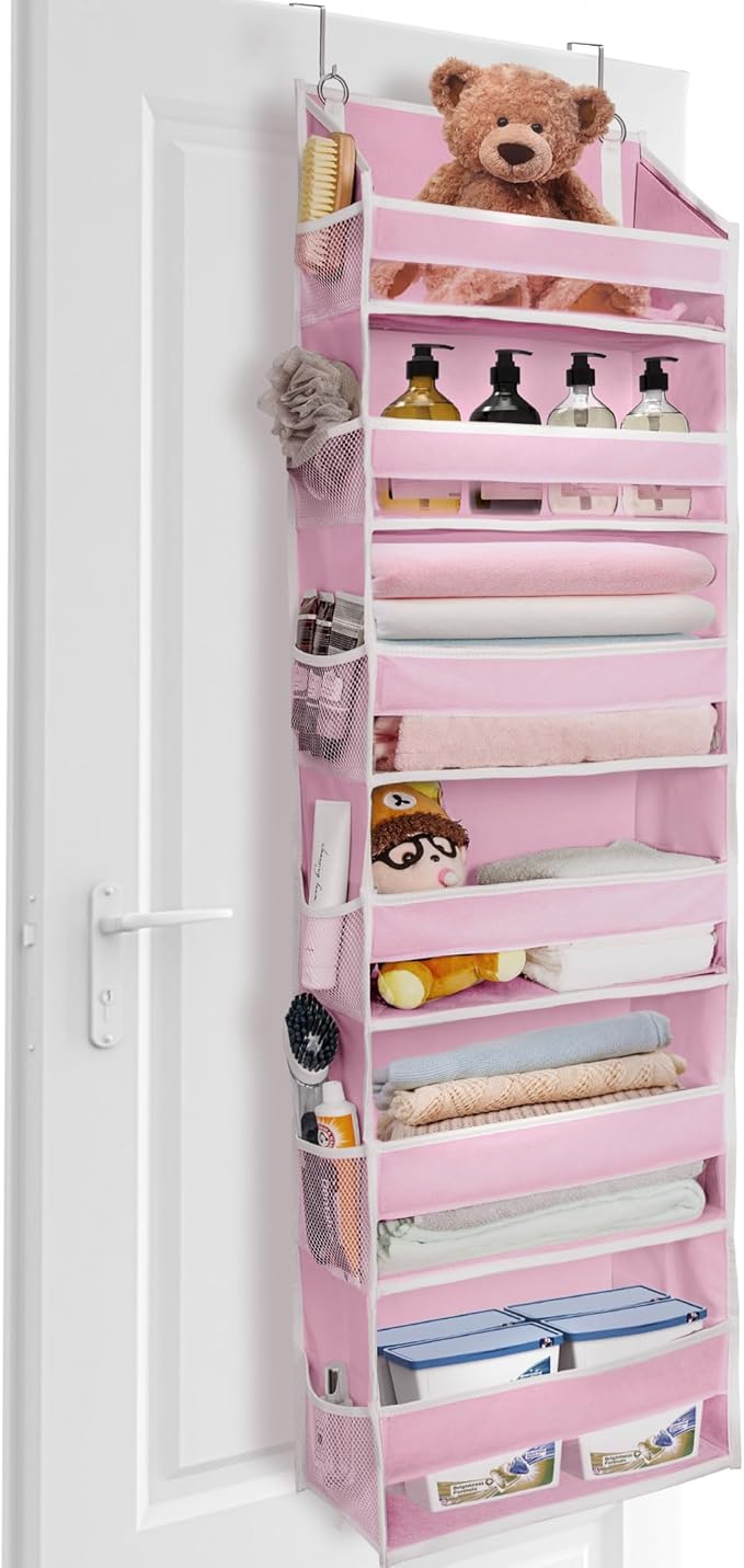 ULG Over The Door Organizer with 6 Large Pockets 12 Side Pockets, 50lbs Weight Capacity Door Hanging Storage Organizer for Bedroom, Bathroom, Pantry, Nursery Storage, Pink