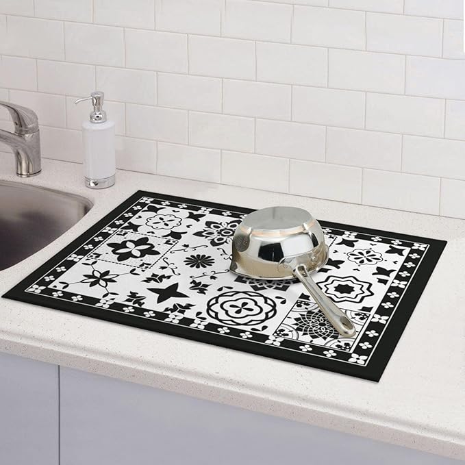 Retro Black Pattern Dish Drying Mat 18x24 For Kitchen Counter Absorbent Microfiber Dishes Pad Dish Drainer Rack Mats Fast Dry Kitchen Accessories